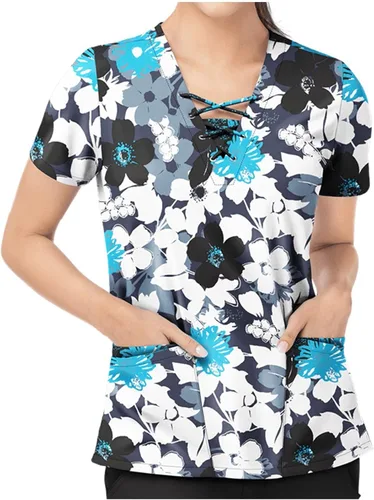 Vista 2 de Camiseta de manga corta con cuello en V y bolsillos, con estampado de corbata, para enfermera, talla S-5XL