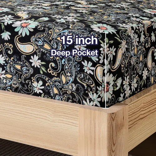 Vista 4 de JSD - Juego de sábanas de 6 piezas con estampado floral de cachemira negra y bolsillo profundo Juego de fundas de almohada de microfibra