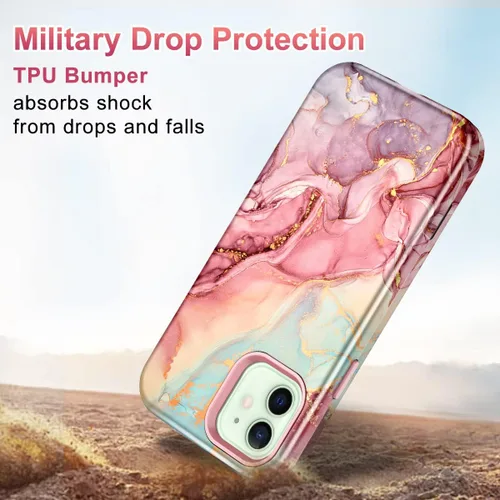 Vista 3 de Btscase para iPhone 12/iPhone 12 Pro, funda resistente de tres capas de mármol a prueba de golpes, cuerpo completo, PC duro + parachoques de TPU