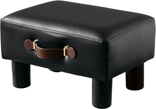 Vista 7 de Taburete de pie pequeño con asa, reposapiés corto de piel sintética negra, taburetes rectangulares de almacenamiento otomano con patas de plástico