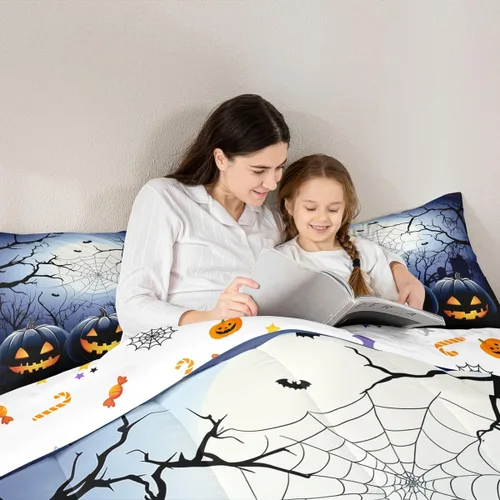 Vista 6 de Juego de ropa de cama con diseño de araña fantasma, tamaño individual, para niños y niñas, con temática de truco o trato, juego de edredón de feliz