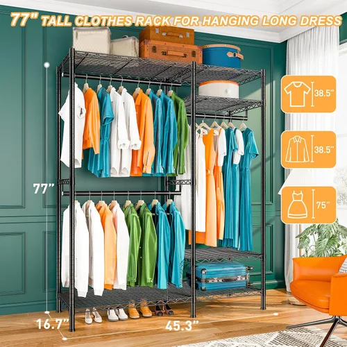 Vista 3 de Raybee Perchero de ropa resistente, 79 pulgadas de alto, para colgar ropa, con ruedas y estantes ajustables, 79 pulgadas de alto x 45 pulgadas