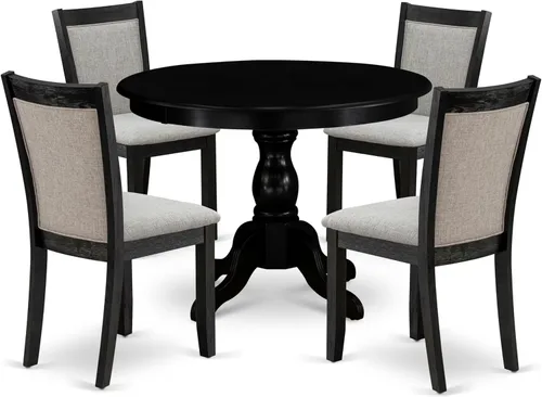 Vista 17 de East West Furniture HBMZ3-AB6-06 - Juego de mesa de cocina de 3 piezas que contiene una mesa de comedor redonda con pedestal y 2 sillas tapizadas