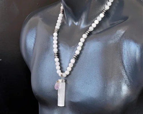 Vista 3 de ElisaJewelryArt - Collar unisex de selenita natural con cuentas de cristal de citrino con piedras preciosas de selenita genuina con cierre de piedra