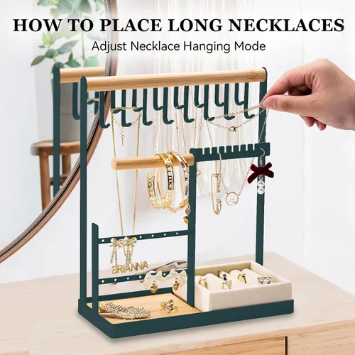Vista 6 de Soporte organizador de joyas con soporte de terciopelo para anillos, organizador de joyas de 4 niveles con 15 ganchos, organizador de collares