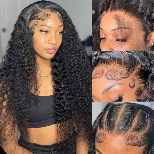 Vista 21 de Pelucas de cabello humano ondulado con encaje frontal 360 con correa oculta, nudos blanqueados, sin pegamento, previamente despuntadas, precortadas