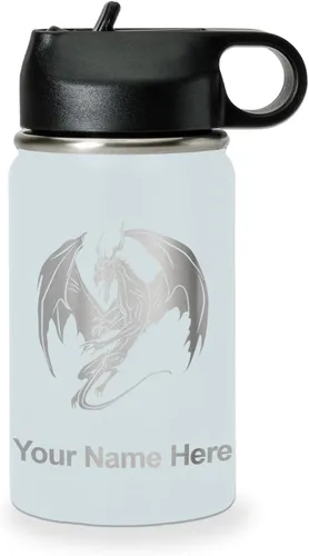 Vista 65 de LaserGram Botella de agua con tapa abatible de doble pared de 12 onzas con pajilla, dragón, grabado personalizado incluido (negro)