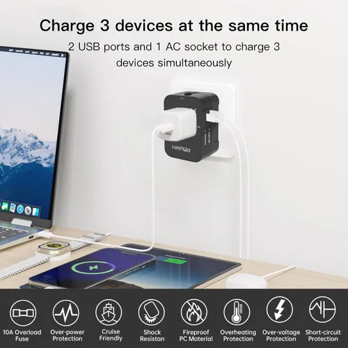 Vista 2 de HAPOW Adaptador de viaje universal - 1 cargador de viaje USB-C y 1 USB-A de carga rápida, adaptador de enchufe mundial para UE, Reino Unido, EE.