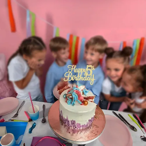 Vista 4 de Gyufise 1 unidad Decoración de pastel de feliz 5 cumpleaños con purpurina, adorno de pastel de feliz 5 cumpleaños, felicitaciones a los 5 años