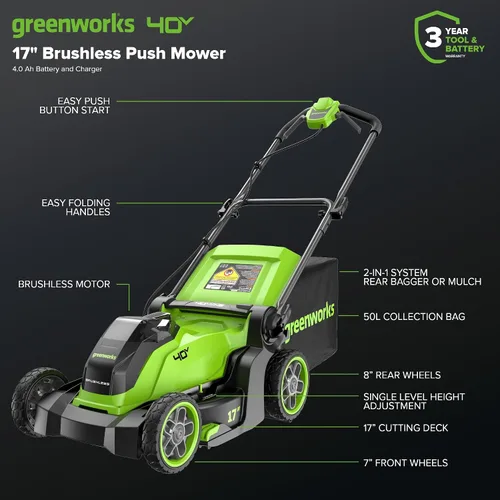 Vista 2 de Greenworks Cortacésped inalámbrico de 40 V y 17 pulgadas, motor sin escobillas, batería de 4.0 Ah y cargador (más de 75 herramientas compatibles)