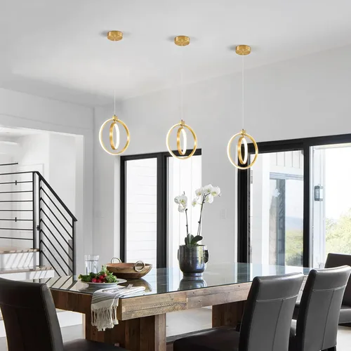 Vista 4 de Lámpara LED moderna con anillo dorado, lámpara colgante de 4000 K, regulable en altura ajustable, iluminación colgante para comedor, cocina, isla