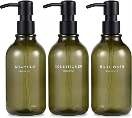 Vista 13 de MaisoNovo Botellas recargables de champú y acondicionador Juego de 3 botellas de plástico ámbar de 16.9 fl oz con bombas de bambú negras