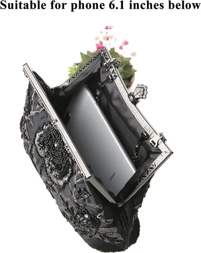 Vista 7 de Bolso de mano de estilo vintage con cuentas florales y strass para mujer, con bordado de lentejuelas, bandolera para novia, boda, fiesta