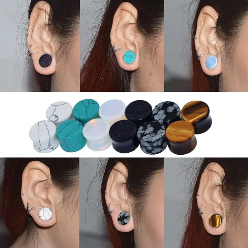 Vista 9 de Qmcandy - Juego de 6 pares / 16 pares de dilatadores para las orejas, de piedra mixta, expansores, conjunto de perforación corporal calibre 8G a 3/4