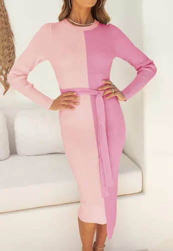 Vista 9 de ZESICA Vestido de punto acanalado para mujer, elegante vestido de manga larga con cuello redondo y lazo en la cintura ajustado ajustado