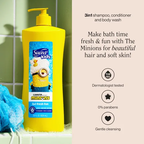 Vista 2 de Suave Kids Minions - Champú, acondicionador y gel de baño 3 en 1, para una limpieza suave y sin desgarros, 28 onzas (paquete de 4)
