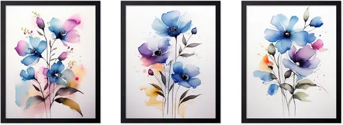 Vista 75 de Poster Master Póster botánico vintage de 3 piezas, estampado floral retro, regalo para artistas, amigos, flores de acuarela, brillante, azul