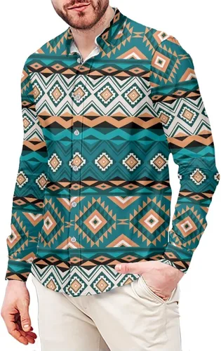 Vista 9 de Camisa azteca con botones para hombre, patrón nativo americano, camisas de manga larga con cuello en V y nación tribal