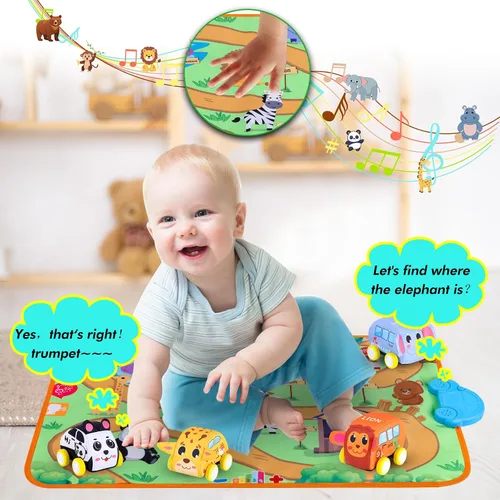 Vista 3 de Nuevo juego de vehículos de tracción con alfombra musical y manta de juego táctil, juego de juguetes suaves para bebés con 4 lindos autos