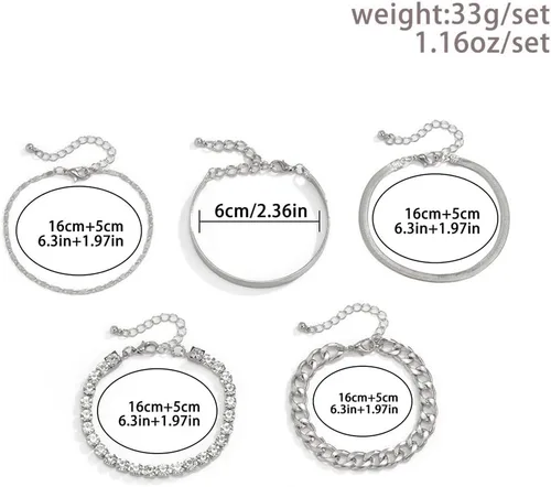 Vista 5 de fxmimior Juego de 5 pulseras apilables de cadena dorada y plata con diamantes de imitación para mujer, con cuentas ajustables, cadena de cable plano