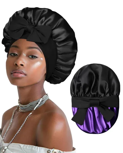 Vista 21 de Gorro de satén para mujeres, gorros de seda para dormir, gorro para cabello rizado con banda elástica con lazo, reversible de doble capa, gorro