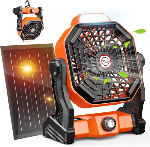 Vista 13 de Ventilador recargable con energía solar, (30 horas de funcionamiento) ventiladores de camping solares y linterna LED, ventilador portátil de 8