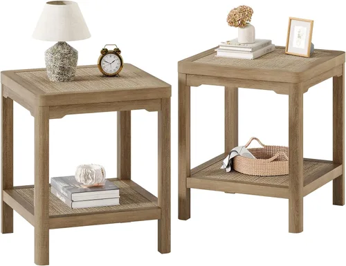 Vista 15 de Eclatara Mesitas de noche de ratán, mesa auxiliar de 2 niveles para dormitorio, mesa auxiliar de polígono decorativa para espacios pequeños, mesa