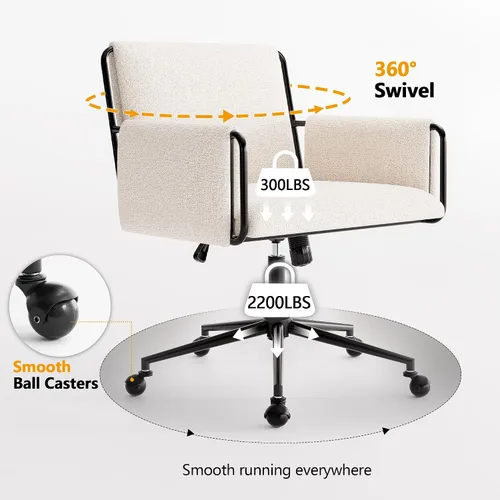 Vista 9 de Rowill Silla de oficina moderna, tela beige Boucle, altura ajustable, capacidad de 300 libras, ruedas, reposabrazos, perfecta para oficina en casa