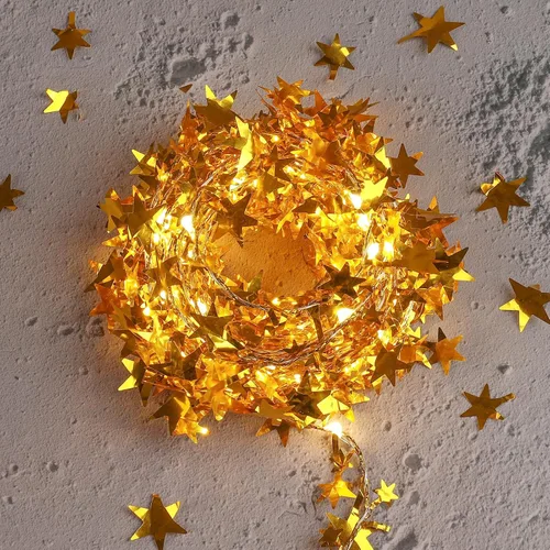 Vista 5 de Guirnalda de luces doradas con forma de estrella, funciona con pilas, 1 paquete de mini cable plateado con estrellas de PVC, luces LED