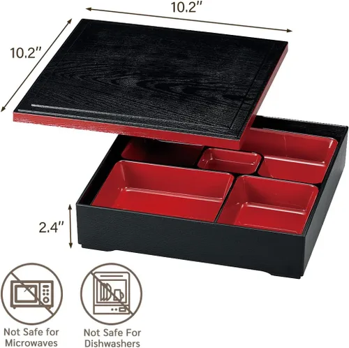 Vista 6 de TIKUSAN Fiambrera tradicional japonesa con tapa, laca, caja Bento hecha en Japón, estilo japonés, Jubako, 5 compartimentos, 10.2 x 10.2 x 2.4