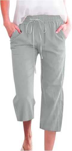 Vista 17 de Ceboyel Pantalones capri para mujer para verano, cintura elástica, pantalones de yoga, con cordón, pantalones de lino, pantalones de entrenamiento
