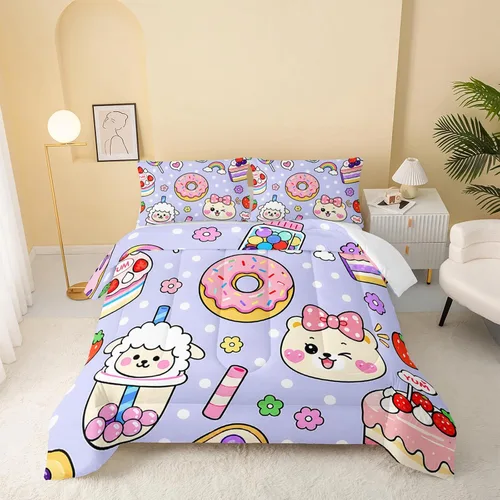 Vista 14 de QOOMO Edredón floral de gato tamaño Twin, juego de ropa de cama de gato rosa para niños, adolescentes y niñas, juego de ropa de cama de 3 piezas