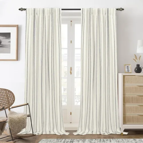 Vista 34 de DriftAway Cortinas opacas de mezcla de lino de granja de 90 pulgadas de largo para dormitorio, cortinas de lino con estampado de rayas verticales