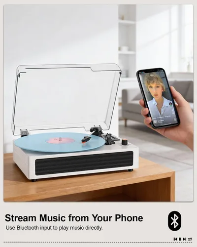 Vista 2 de Tocadiscos de vinilo Bluetooth, reproductor de vinilo retro de 3 velocidades con altavoces integrados, entrada AUX, parada automática, grabación
