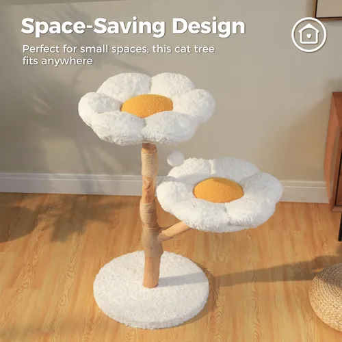 Vista 6 de MUTTROS Árbol de gato de madera con flores, torre de gato moderna con ramas de madera real, muebles de lujo boho con poste para rascar y 2 perchas