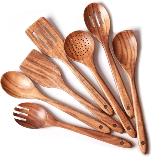 Vista 8 de GUDAMAYE - Juego de utensilios de cocina de madera, 6 cucharas de madera para cocinar, utensilios de cocina de madera, cucharas de madera de teca