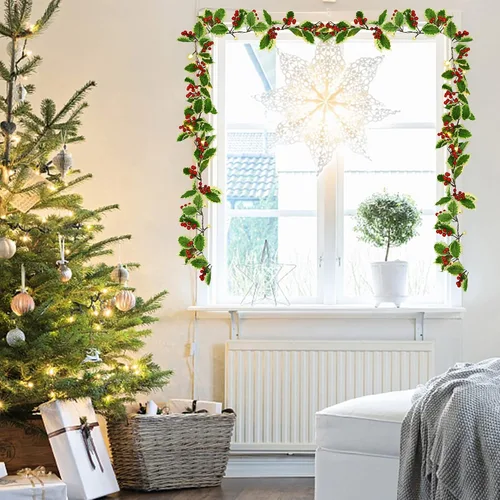 Vista 7 de Juegoal Guirnalda de Navidad, guirnalda de bayas rojas y hojas de acebo preiluminadas de 6.5 pies, guirnalda de bayas artificiales iluminadas a