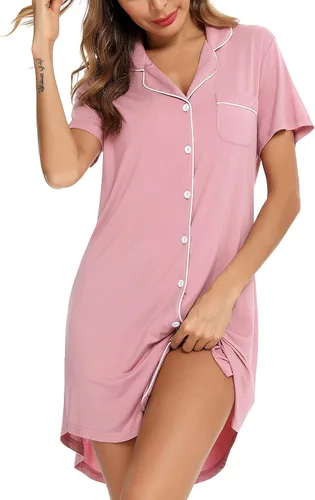Vista 60 de Samring Camisón de pijama para mujer, manga corta/larga, con botones, camisón para dormir, camisón para novio, talla XXL