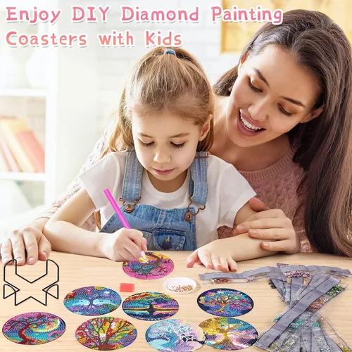 Vista 5 de Juego de 8 posavasos de pintura de diamantes, posavasos de pintura de diamante 5D, posavasos de arte de diamante con soporte, posavasos