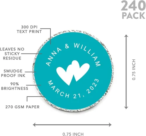 Vista 5 de Andaz Press Etiquetas personalizadas de gota de chocolate para boda, nombres y fecha redondos, turquesa aguamarina, paquete de 240, personalizadas