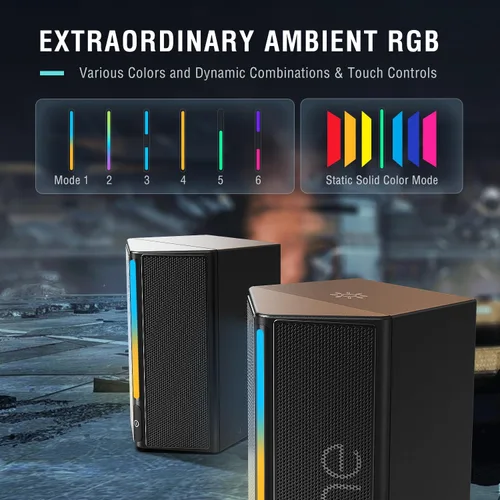 Vista 3 de FIFINE Altavoces de computadora, altavoces de computadora de escritorio con control de volumen, altavoces RGB para juegos con cable de audio