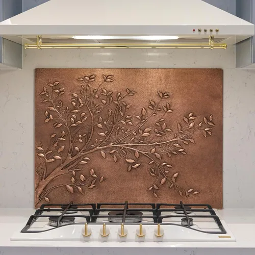 Vista 12 de Azulejos de salpicadura de cocina de cobre hechos a mano, ramas de árbol con hojas para salpicadura de cocina, panel decorativo de salpicadura