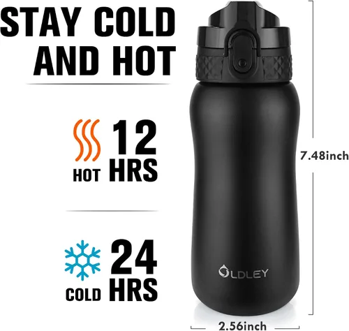 Vista 3 de Botella de agua aislada Oldley de 12 oz con pajita, botella de agua de acero inoxidable con 2 tapas, botellas de doble pared con vacío para adultos