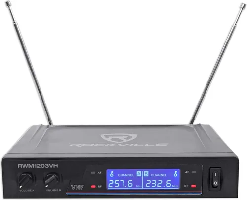 Vista 5 de Rockville RWM1203VH Sistema de micrófonos inalámbricos de mano dual, 2 micrófonos, VHF de largo alcance, sonido claro, pantalla digital