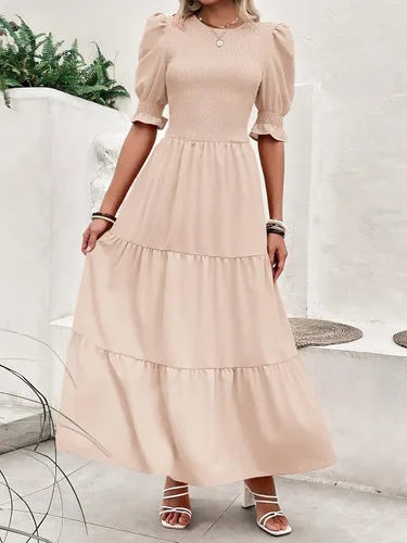 Vista 35 de BTFBM Vestidos para mujer, cuello redondo, casual, de verano, con volantes, manga corta, bohemio, con niveles, fruncido, largo, con estampado floral
