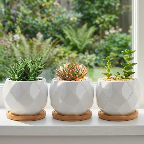 Vista 6 de Jucoan Paquete de 6 macetas de cerámica para suculentas con bandeja de bambú, 4 pulgadas, pequeñas flores de cactus blanco en forma de diamante