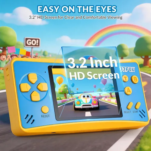 Vista 2 de Juegos de mano para niños de 4 a 12 años, 168 videojuegos retro integrados, reproductor de juegos portátil con pantalla de 3.2 pulgadas, recargable