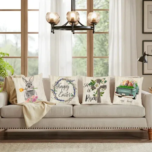 Vista 5 de YeeJu Juego de 4 fundas de almohada de Pascua de 20 x 20 pulgadas, fundas de almohada de primavera de Pascua, huevos de conejo, caza, camión, fundas