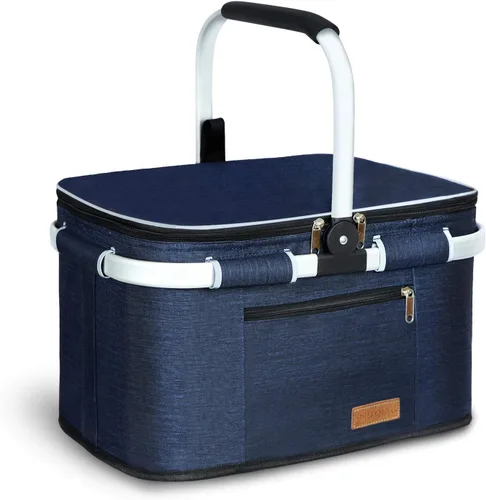 Vista 10 de LIQING - Cesta de picnic grande de 35 L, bolsas de compras para viajes, camping, 2 capas de bolsillos internos a prueba de fugas y aislamiento Negro