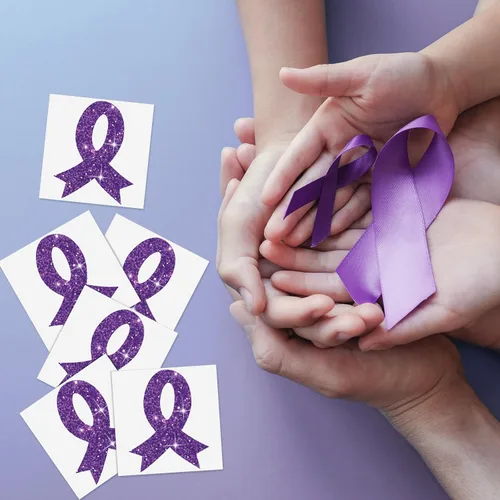 Vista 6 de 20 hojas de 240 piezas de cinta morada con brillantina, tatuajes de concienciación sobre violencia doméstica, tatuajes temporales, lupus